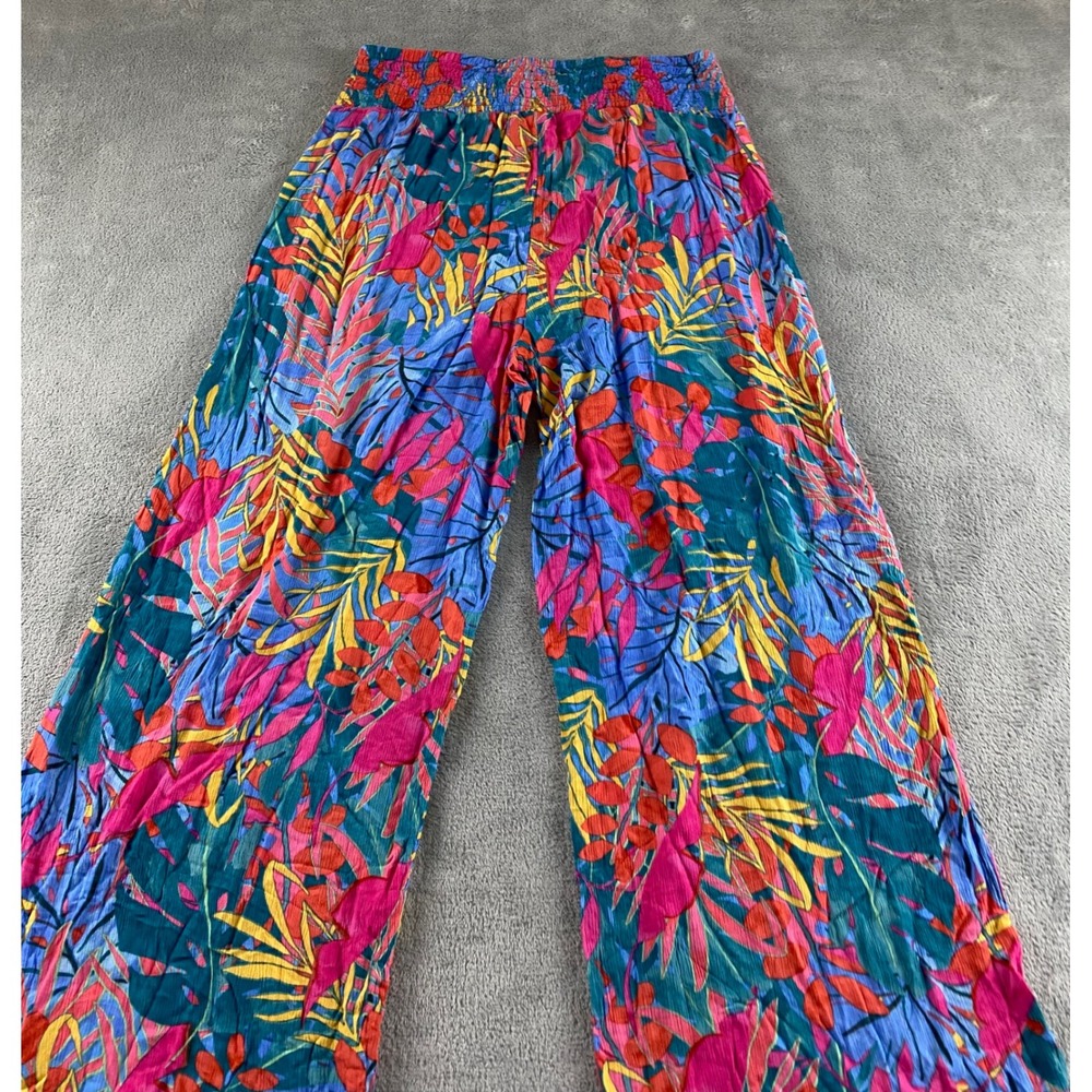 Kona Sol Womens Medium Tropical Palm Print Smocked Wide Leg Cover Up Pants Pink - Picture 14 of 15